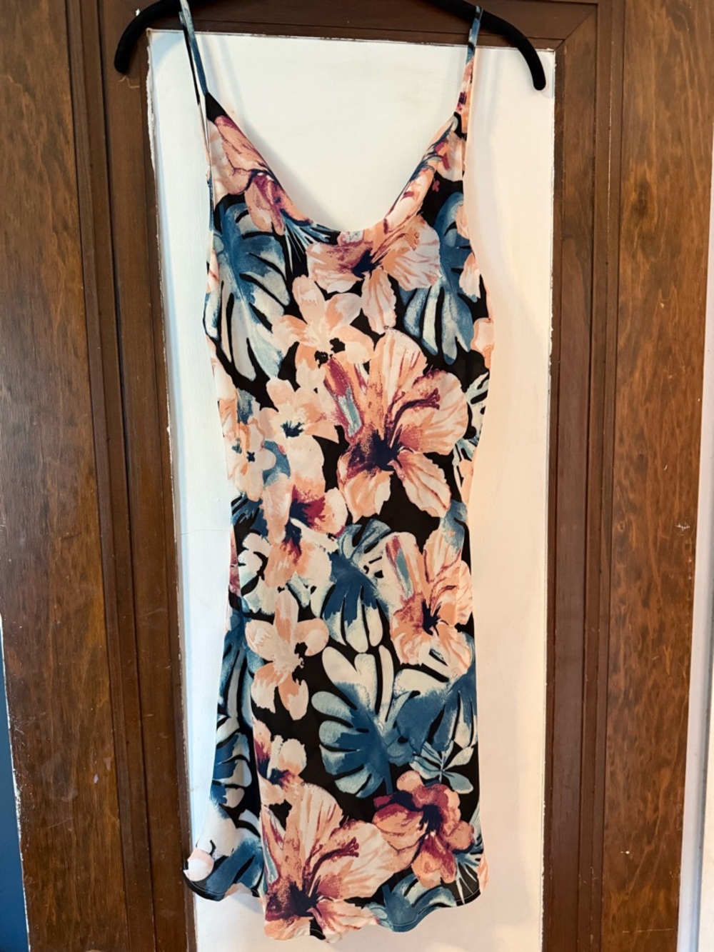 Olivaceous Black Slip Dress with Peach and Blue Floral Print